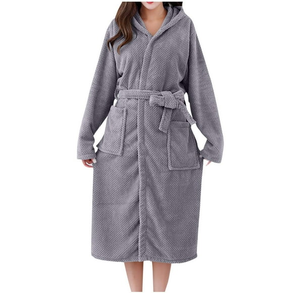 Pisexur Robes for Women Fashion Solid Color Warm Fleece Pajamas Soft Cozy Hooded Nightgowns for Women Casual Quick Dry Plush Bathrobe Knee Length Fuzzy Robe with Pockets and Belt