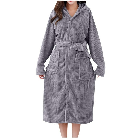 Womens Hooded Robes Terry Cloth Bathrobe Soft Fleece Plush Long Sleeve Night-Robe with Pocket Sleepwear Nightwear Pjs, Gray, Free Size