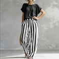 thumbnail image 3 of Textilo Sets 2 Piece Outfits for Women Cotton Linen Striped Shirts Pants Short Sleeve Wide Leg Set Loose-Fit Summer Travel Vacation Fashion Wear,Black XL, 3 of 5