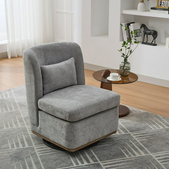 25.2" Wide Modern Swivel Chair - Chenille Cushioned Armless Accent Chair with 360° Rotation & Pillow, Metal Base Lounge Chair for Living Room, Bedroom, Office - Gray