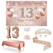 Trgowaul 13th Birthday Decorations MMF7Party Set for girls, 13 Birthday Banner and Tablecloth, 13 & Fabulous Sash and Tiara, 1PC Happy 13th Birthday Cake Topper, Pink 13 Number Balloons