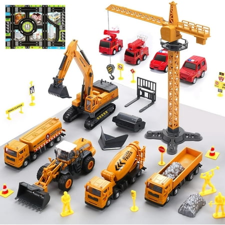 JoyStone Construction Vehicle Toy Engineering Truck Playset with Playmat, Crane, Excavator, Tractor, Dump Truck, 4 Firetrucks, Gift for 3-5 Year Toddlers Boys