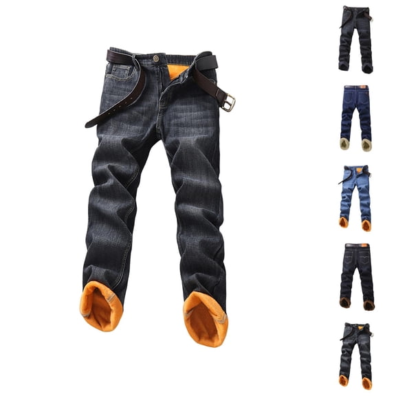 Mens Lined Jeans 2026 Fall Winter Thick Straight Leg Business Casual Denim Pants Jean Pants Trousers with Pockets