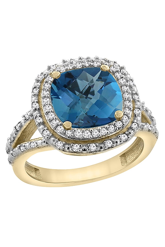 14K Yellow Gold Natural London Blue Topaz Ring Cushion 8x8 mm with Diamond Accents, size 8
