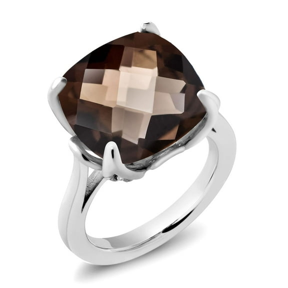 Gem Stone King 925 Sterling Silver Brown Smoky Quartz and White Moissanite Engagement Ring for Women (9.70 Cttw, 14MM Cushion Checkerboard, Size 6)