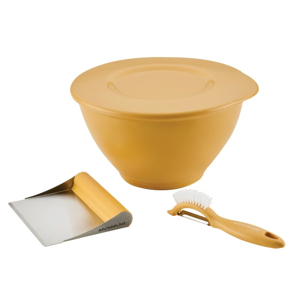 Rachael Ray Kitchen Prep, Garbage Bowl with Lid, Bench Scrape, Veggie Peeler, 4 Piece Set, Turmeric Yellow