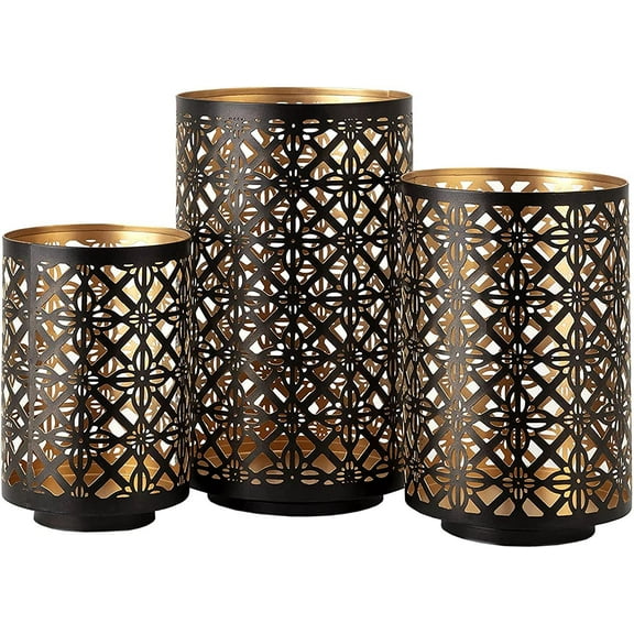 A&B Home Black and Gold Candle Holder Set - Set of 3 Cylindrical Hollow Candle Holder, Decorative Pillar Candle Holder, Bedroom Living Room Dining Table Accent Piece