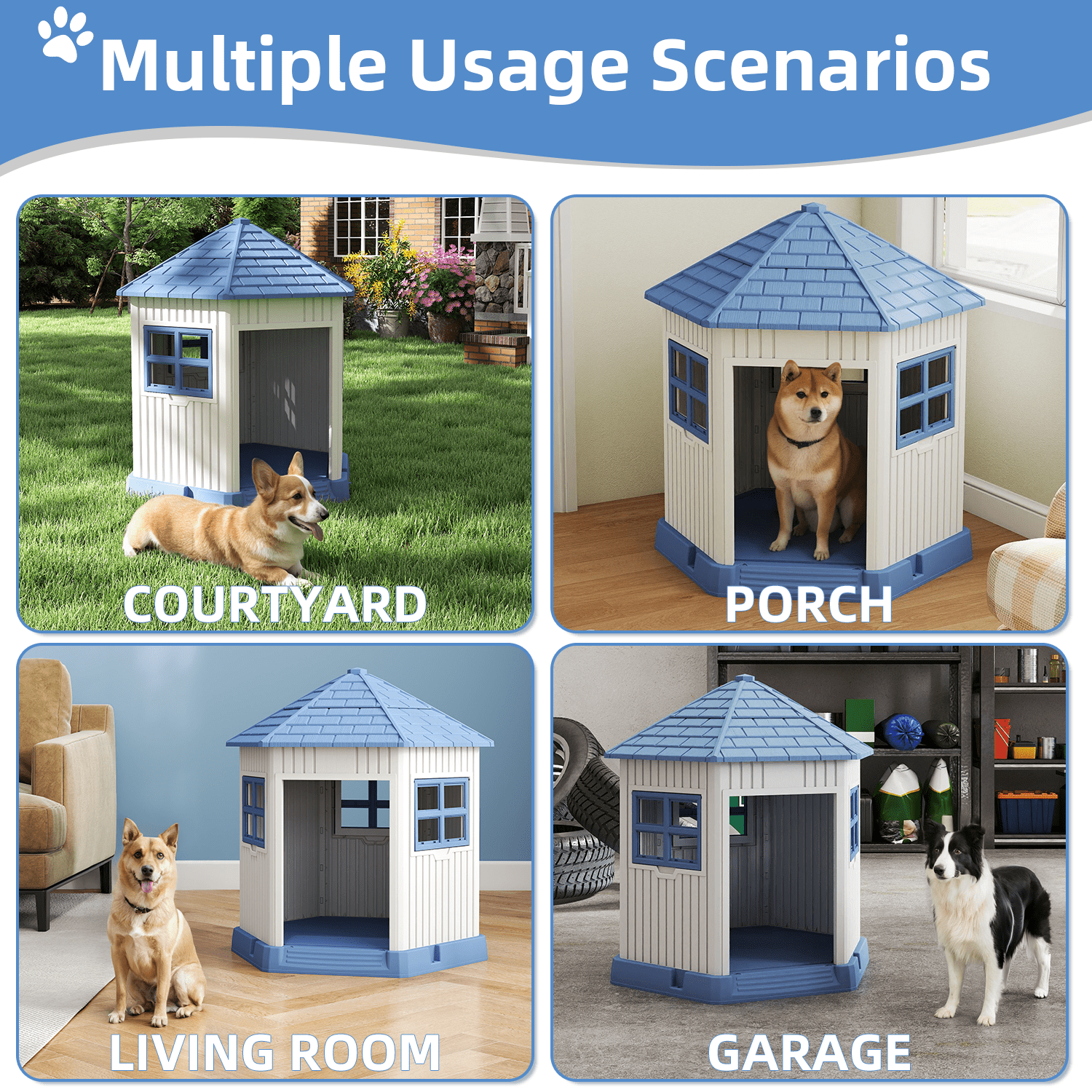 Fazzn Indoor/Outdoor Durable Large Dog Shelter with Outside Dog Kennel, Featuring a Window and Elevated Floor for Small and Medium Dogs.Blue