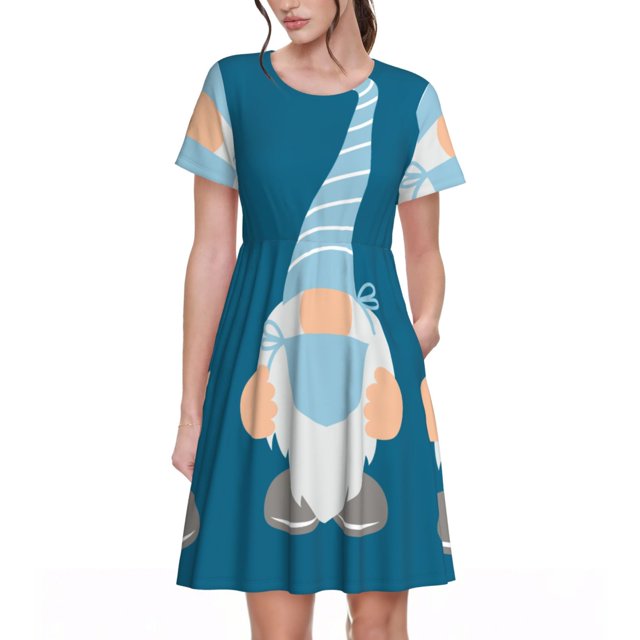 JUNZAN Robe à Manches Courtes pour Femmes avec Imprimé de Gnomes Infirmiers, Robe Décontractée Confortable, Mélange de Polyester Spandex Doux, Tenue Quotidienne Élégante pour l'Été