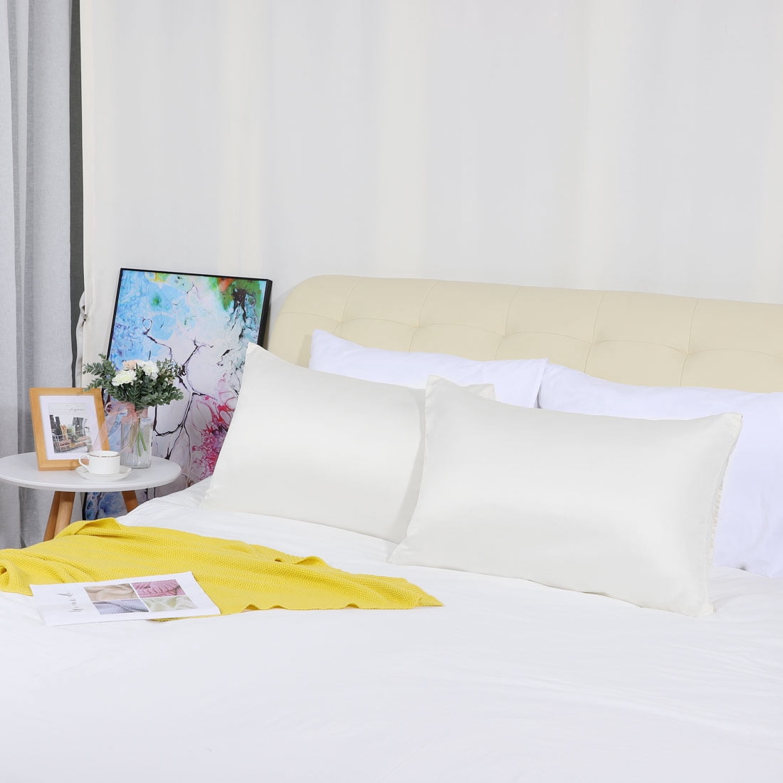 Unique Bargains Silky Satin Pillow Cases Covers Set of 2 White Standard