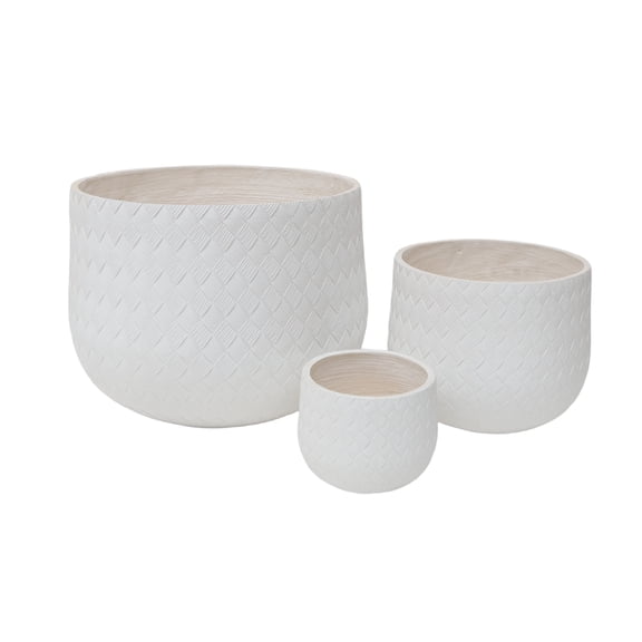 mdj pottery Set of 3 Magnesium Oxide Planters Set, 21.65 14.17 8.66 Inch Large Planters Indoor with Drainage Hole, Woven Checkered Textured MGO Plant Pots for Succulents, Greenery - White