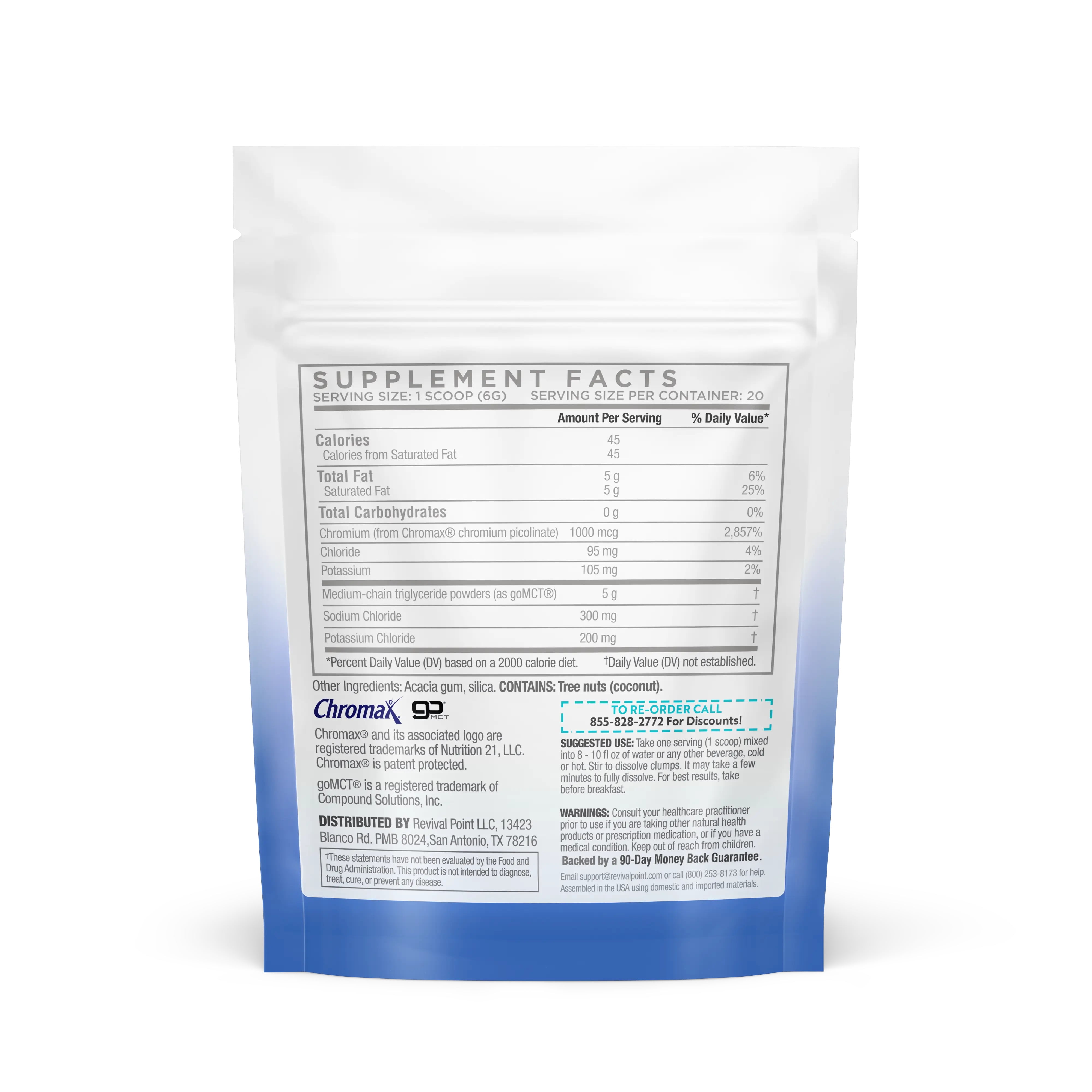Revival Point Premium MCT Oil Powder Fortified with Keto Electrolytes and 15x Bioavailable Chromium Picolinate– C10 and C8 MCT Oil Derived from Coconuts– No Maltodextrin– 6 BAGS