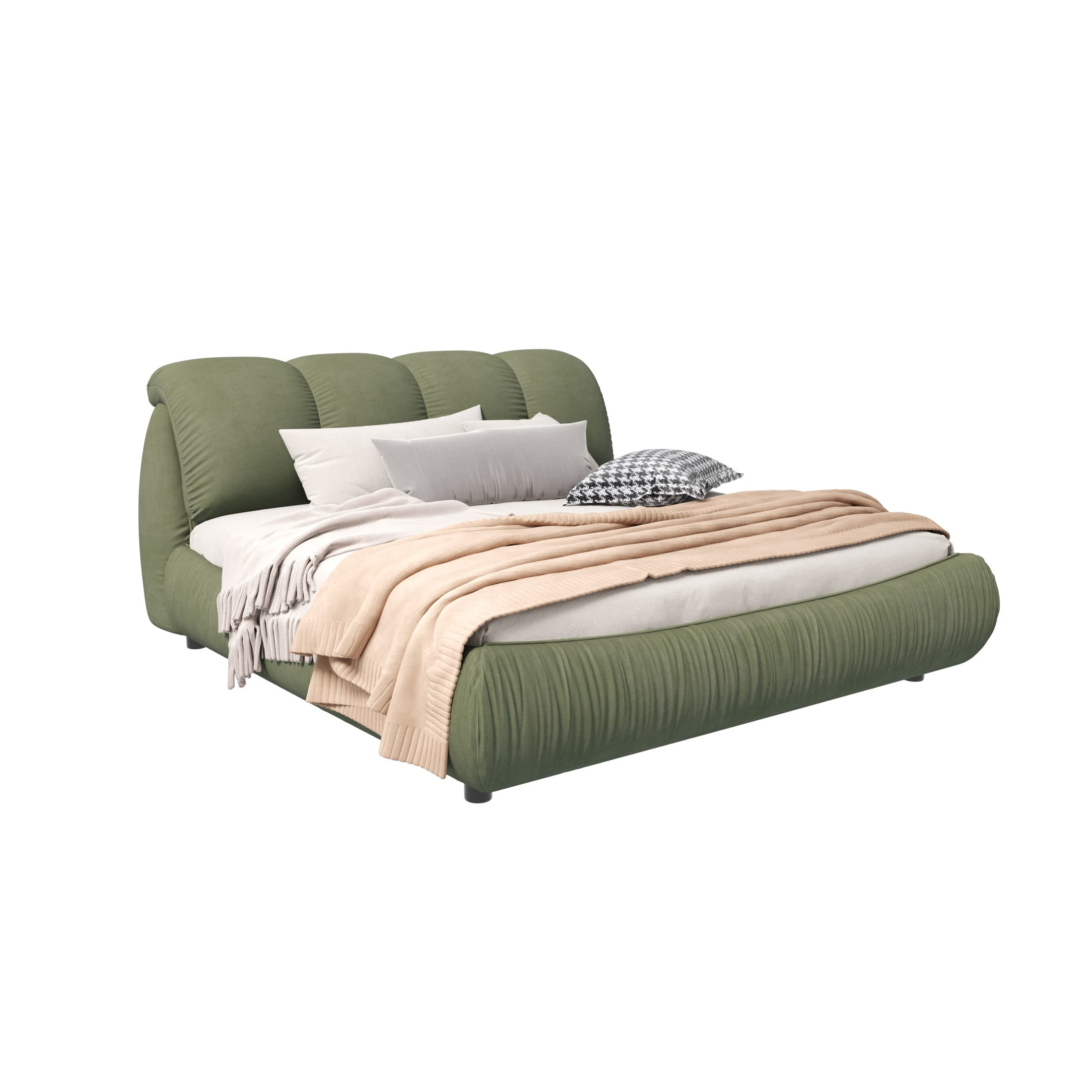 Noble House Rowen King Size Luxury Upholstered Platform Bed, Ergonomic Padded Cloud Headboard, Green