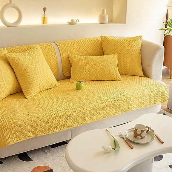 Namzi Farmhouse Geometric Embroidered Couch Sofa Cover Cotton Quilted Sectional Couch Cover Non-Slip Sofa Slipcover Furniture Protector for Kids, Dogs, Cats (Yellow,28"x28")