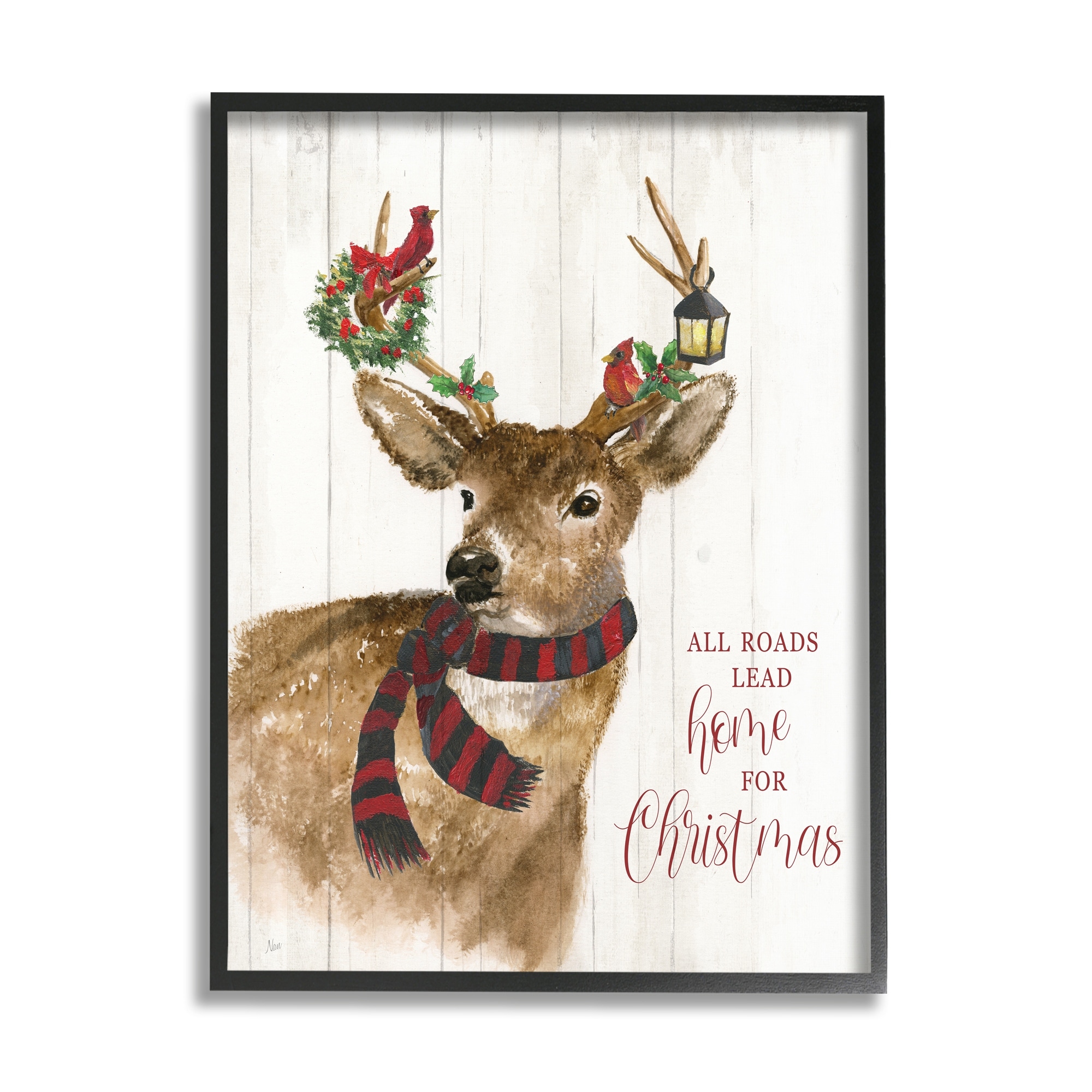 Stupell Industries All Roads Lead Home Christmas Deer Holiday Painting White Framed Art Print Wall Art