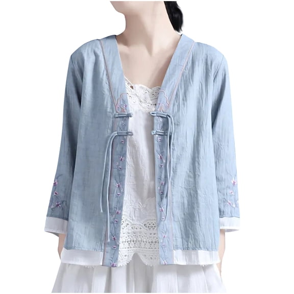 Cotton Linen Tops for Women Plus Size Retro Chinese Frog Button Blouse Casual Trendy Rround Neck 3/4 Sleeve Shirts