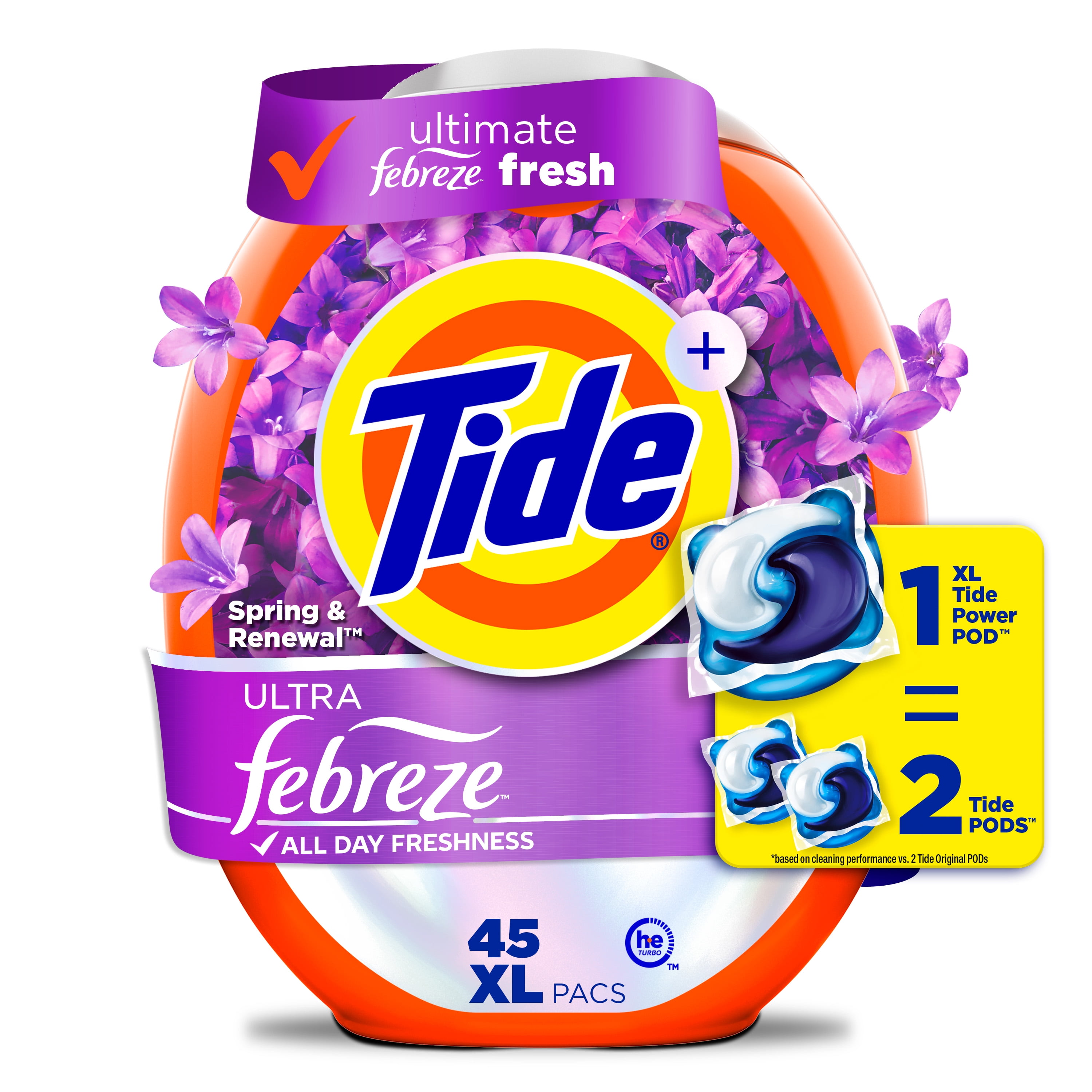 (4 pack) Tide Power PODS® Laundry Detergent Pacs with Febreze Odor Eliminators, Spring & Renewal, 45 Count