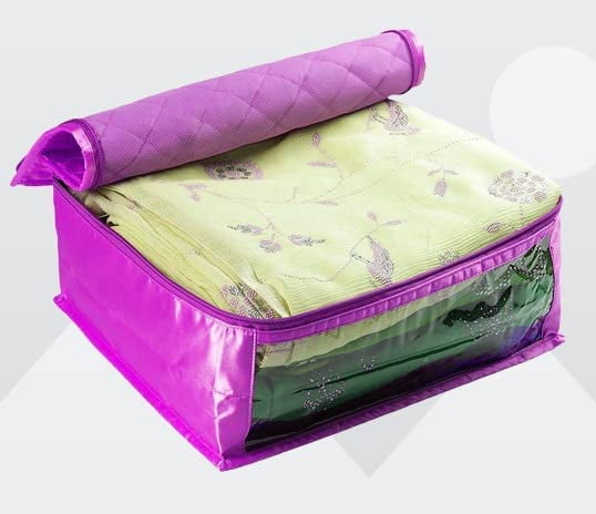 atorakushon Satin Fabric Foldable Garments Saree Blouse Cover Bag Pouch Closet Wardrobe Organizer With Clear Window Zipper Lock Pack of 5 (Purple)