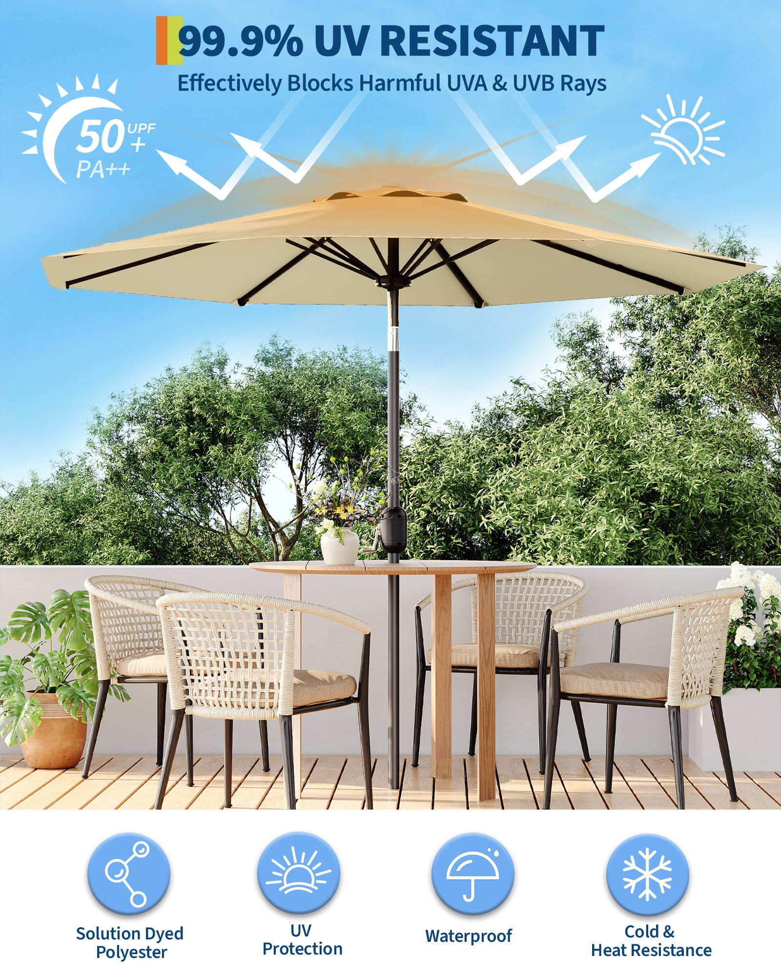 9FT Outdoor Patio Umbrella with Push Button Tilt and Crank, Market Umbrella 8 Sturdy Ribs UV Protection Waterproof Heavy-Duty Pool Umbrella for Deck, Backyard,Garden