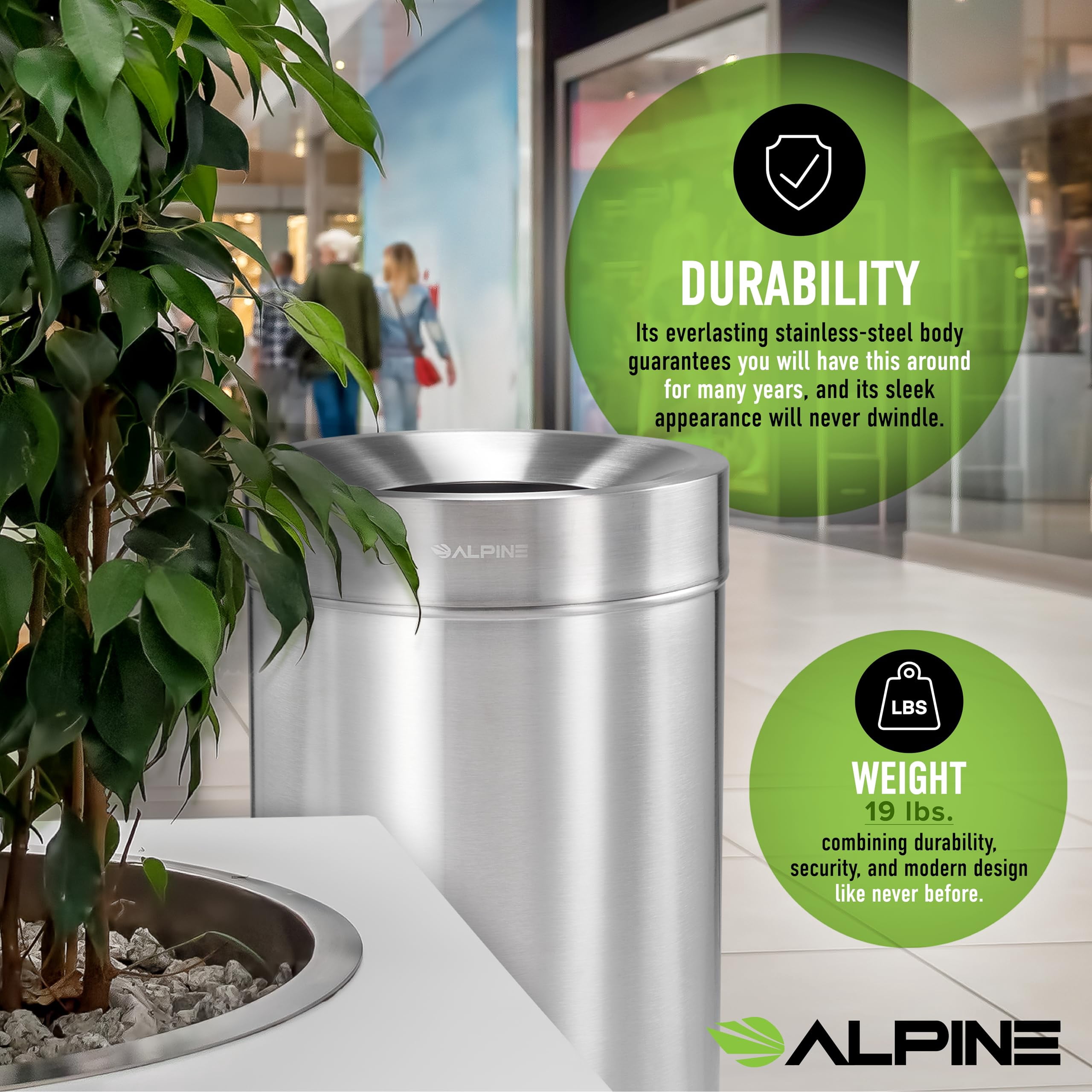 Alpine Industries 27 Gallon Stainless Steel Trash Can - Heavy Duty Indoor Garbage Bin - Corrosion Proof Waste Disposal for High-Traffic Areas