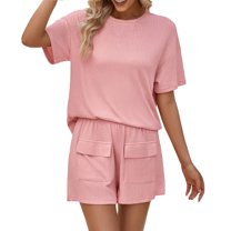 Fsshion Two Piece of Sets for Womens Summer Plus Size Casual Round Neck Solid Color Short Sleeved Shorts Set Short Sleeved Round Neck Top/shirt Set
