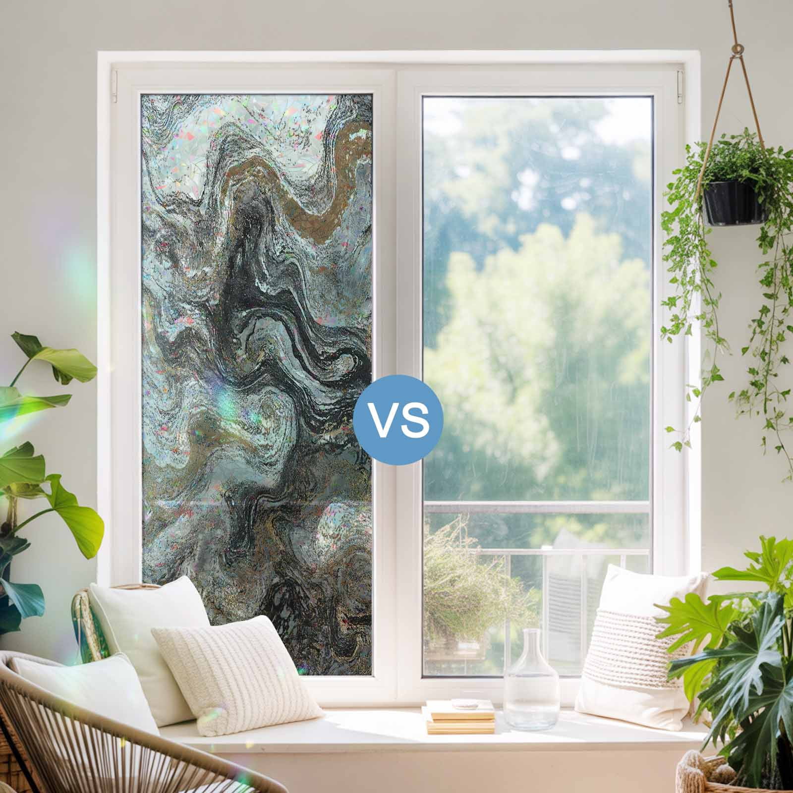 Black Marble Window Privacy Film Stain Glass,Reusable Decorative Rainbow Window Film,Retro Chic Abstract Mottled Texture Art Static Cling Sun Blocking Stickers Decals Covers 23.6" x 78.7" (2pcs)