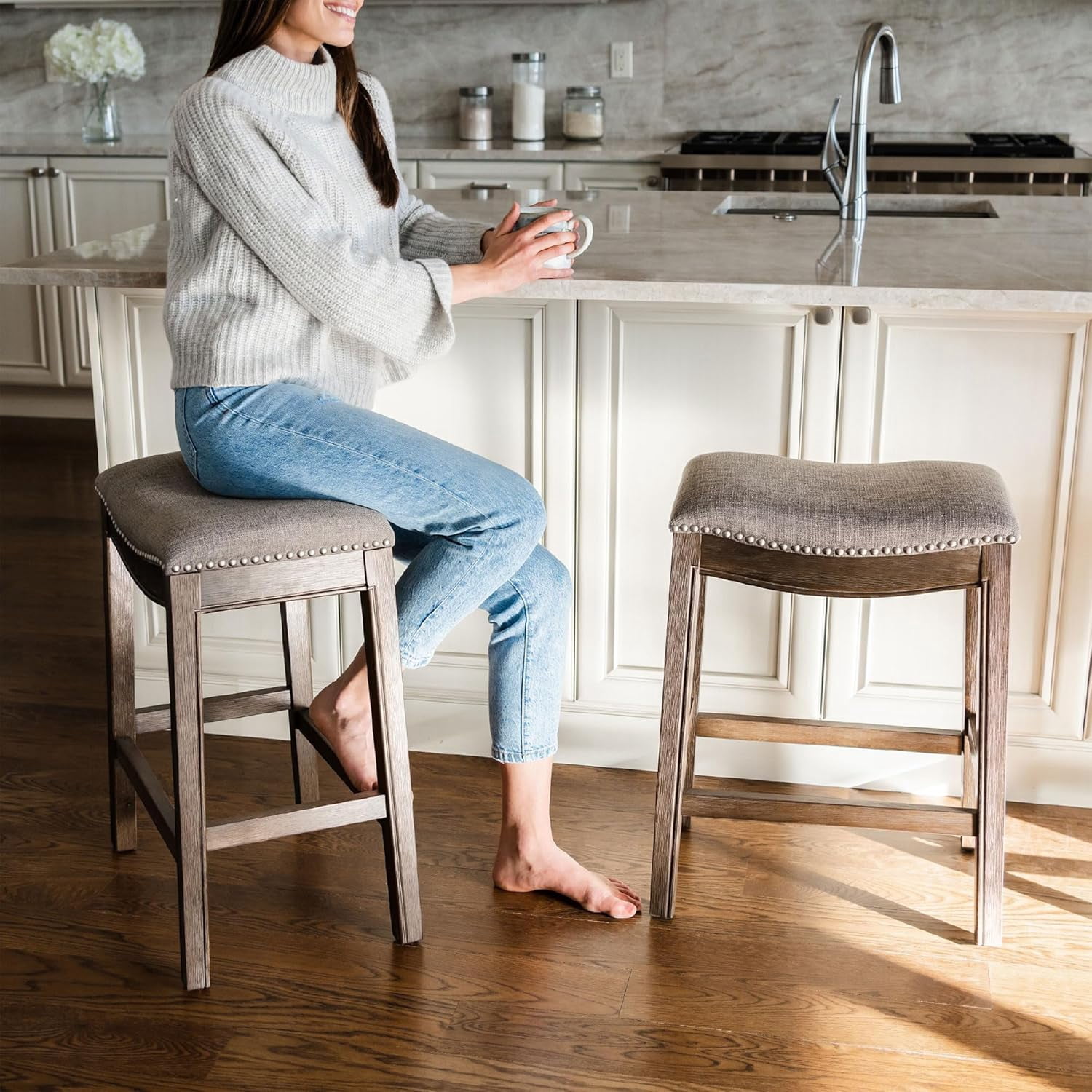 Maven Lane Adrien 31" Wood Barstool - Handcrafted Walnut Finish with Ash Grey Fabric Seat for Comfort - Durable Backless Barstool for Kitchens, Dining Rooms, Pub