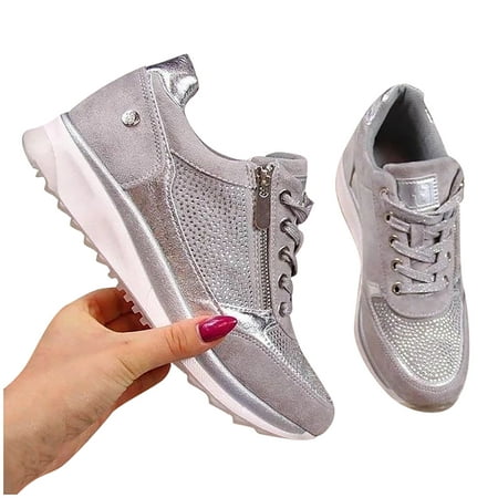 

JINMGG Sneakers for Women Plus Clearance Fashion Women Casual Pumps Thick Bottom Hot Drilling Zipper Lacing Sports Shoes Gray 36