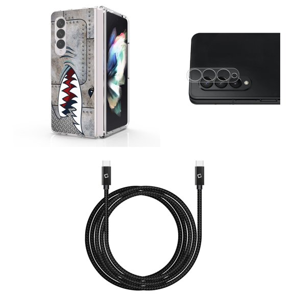 Accessory Bundle for Galaxy Z Fold 4: Slim Snap-On Case (Metal Shark), Rear Camera Glass Protector, Nylon Braided USB-C to USB-C Cable (4 Feet)