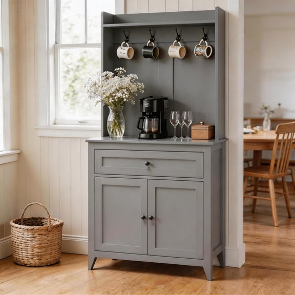 63" Pantry Cabinet, Kitchen Pantry Storage Cabinet with Outlet, Kitchen Hutch with Microwave Shelf & 4 Hooks, Door Shelves & Drawer & Adjustable Shelves, for Dining Room