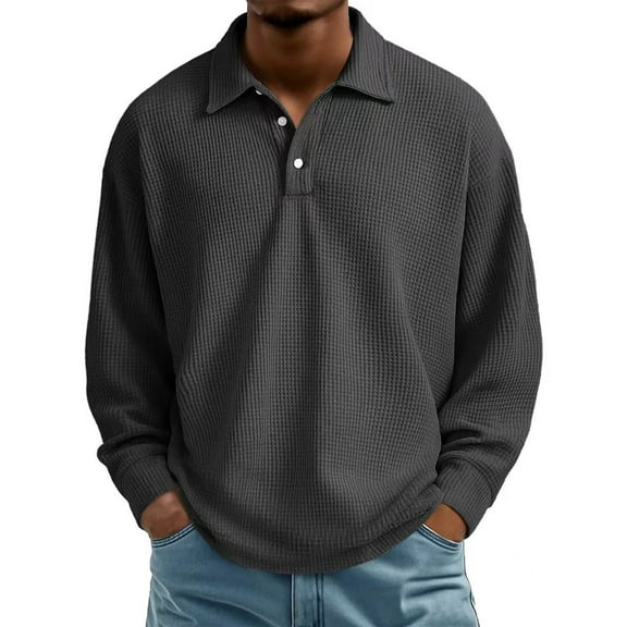Mens Shirts Solid Color Waffle Knit Polo Long Sleeve Spring Shirt Lightweight Casual Turn Down Collar Top Black L