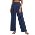 thumbnail image 3 of ZVAVZ Cotton Gauze Pleated Pants for Women High Waist Beach Baggy Pants Solid Straight Wide Leg Vacation Pants Navy XXL, 3 of 6