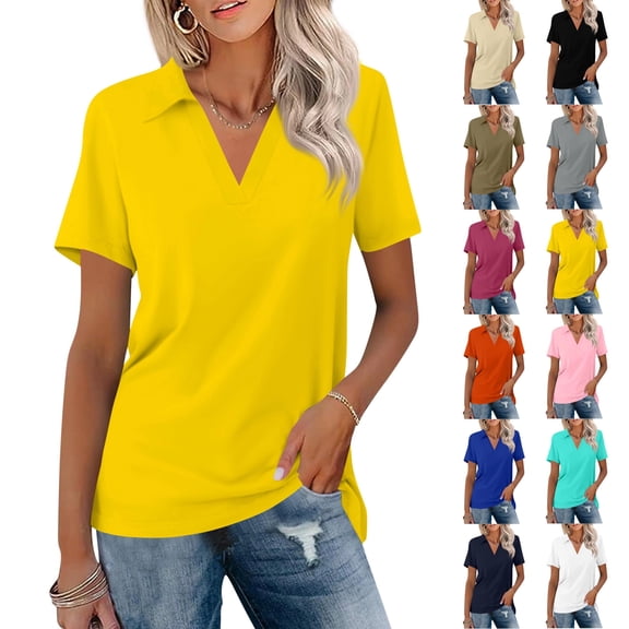 Womens 2026 Lapel Blouses V Neck Polo Shirts Short Sleeve Shirts Solid Color Basic Tees Dressy Casual Summer Tops Yellow M