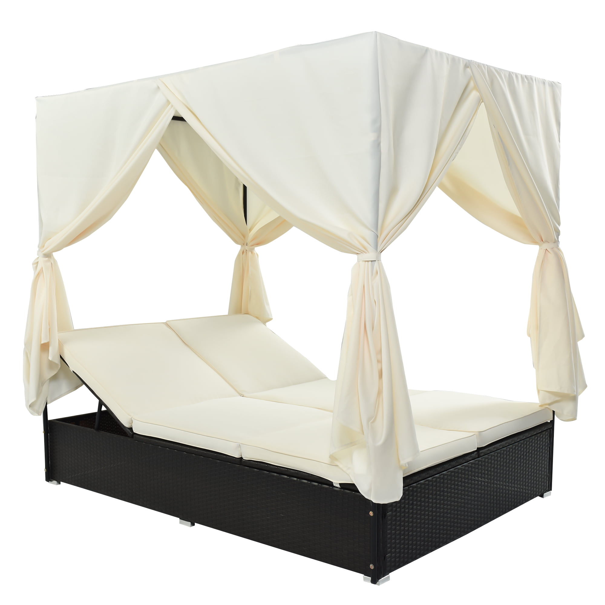 YIORTWO Outdoor Double Chaise Lounge Daybed with Curtains, Adjustable Backrest & Footrest, Steel Frame Loveseat Sofa for Backyard Poolside, Beige