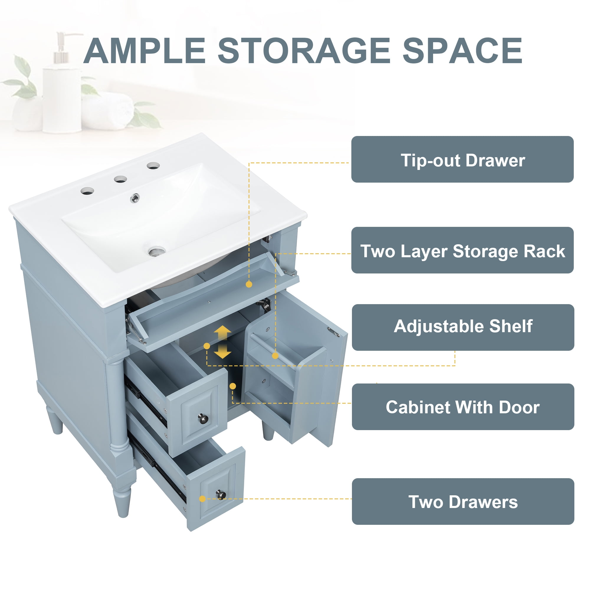 Alvantor 24" Bathroom Vanity with Ceramic Sink, Freestanding Storage Cabinet with Flip Drawers Blue