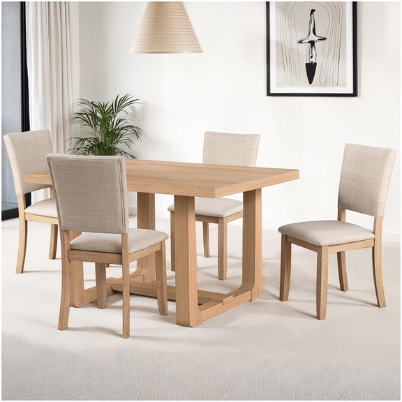 5pc Trestle Base Dining Table Set with Upholstered Chairs, Natural Wood Finish for Kitchen and Dining Room
