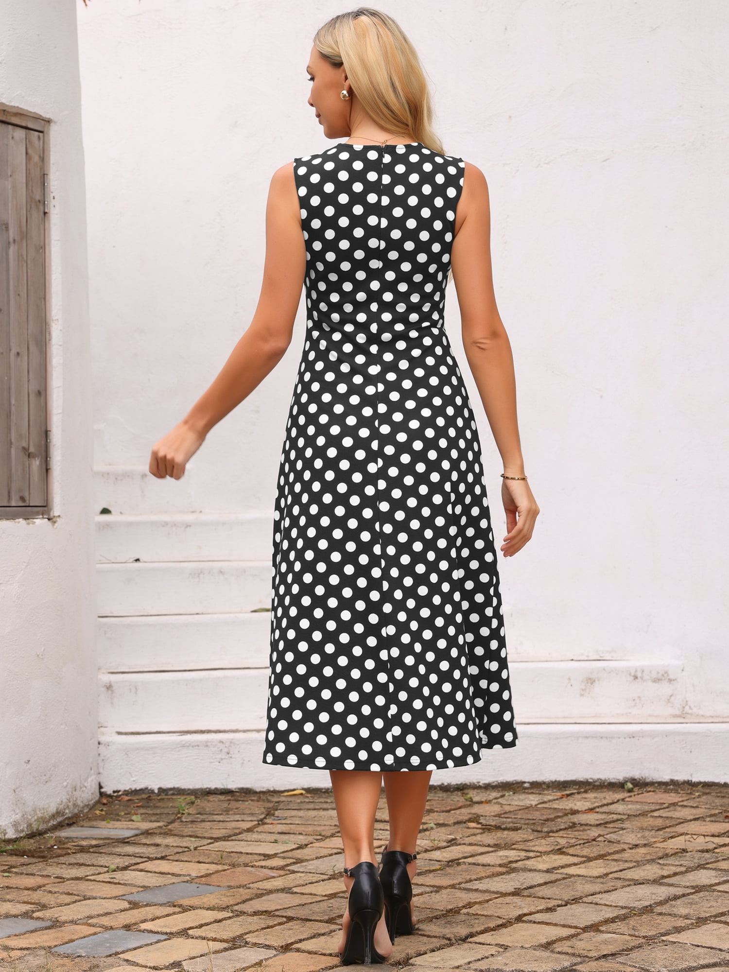 DARING DIVA Women's Polka Dots Sleeveless Sundress Vintage Crewneck Midi Dress L Black