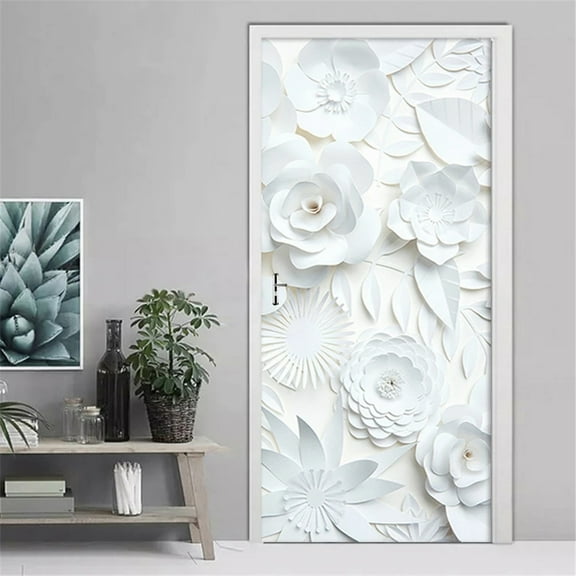 Modern Luxury Stair White Flower Door Sticker Europe Wooden Door Contact Wallpaper Entrance Corridor