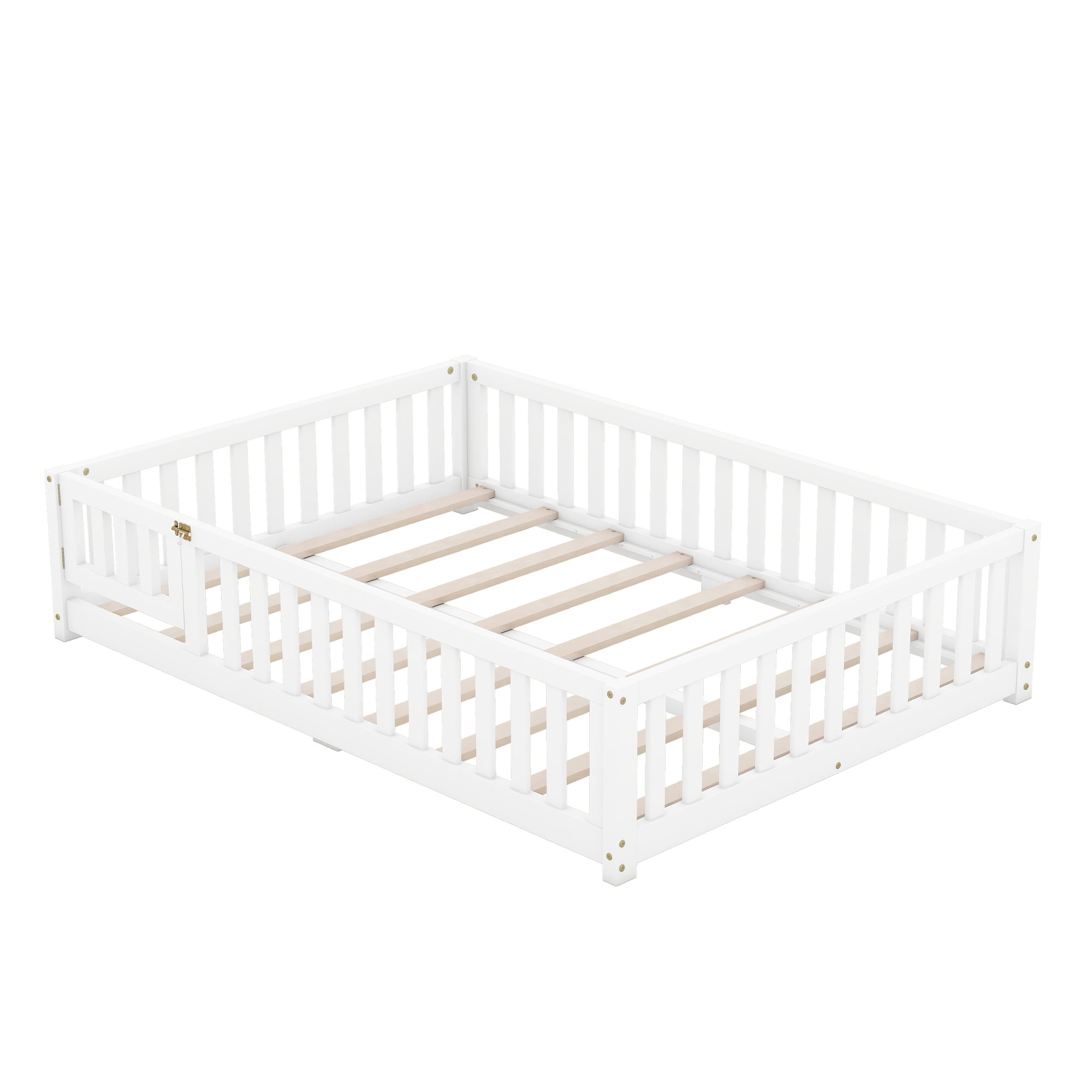 DEALTOPS Full Size Floor Bed with Safety Guardrails and Door Montessori Wood Bed Frame for Kids, White