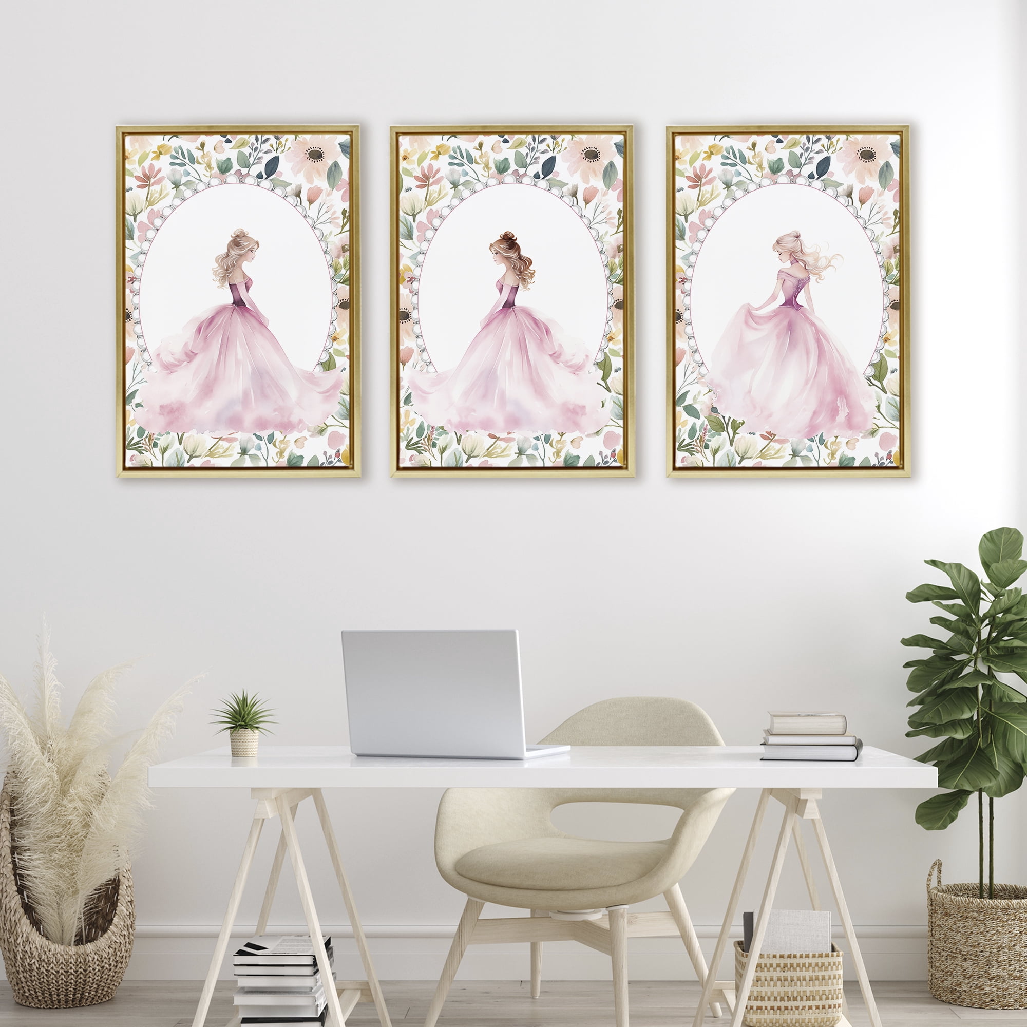 Stupell Industries Bordered Princess Love 3 Piece Gold Framed Floater Canvas Set, design by Christine Simpson Art
