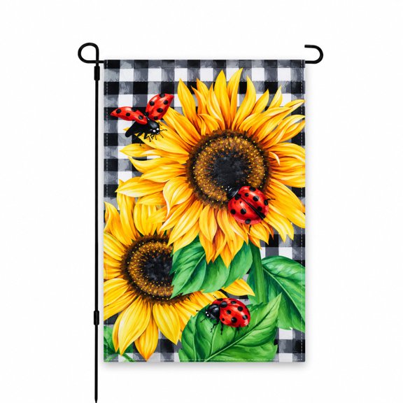 12" x 18" Garden Flag with Sunflowers & Ladybugs Design on Checkered Background for Vibrant Patio, Lawn, or Outdoor Decor - Perfect for Summer Display