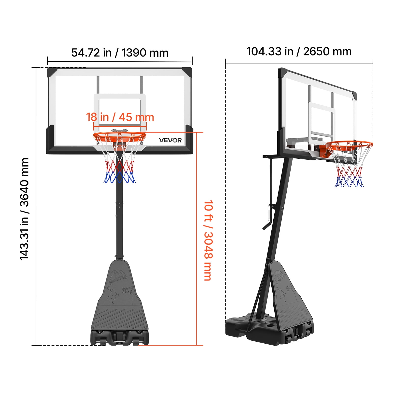 VEVOR Portable Basketball Stand, 7.55 to 10 ft Height Adjustment Basketball Hoop & Goal, Basketballs Hoop Outdoor with 54 inch PC Backboard for Kids, Adults in Schools, Parks, Forward-Tilting Design