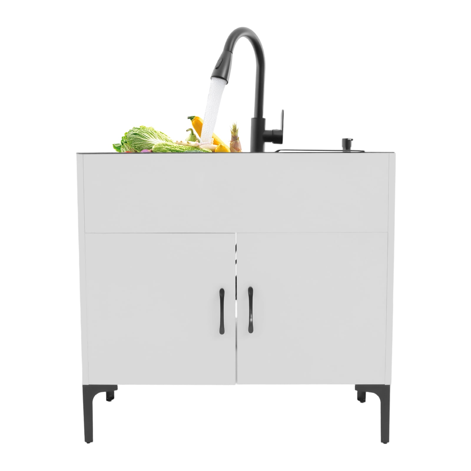 Laundry Sink with Cabinet, Sink with Pull-Out Faucet and Cabinet, Freestanding Kitchen Sink
