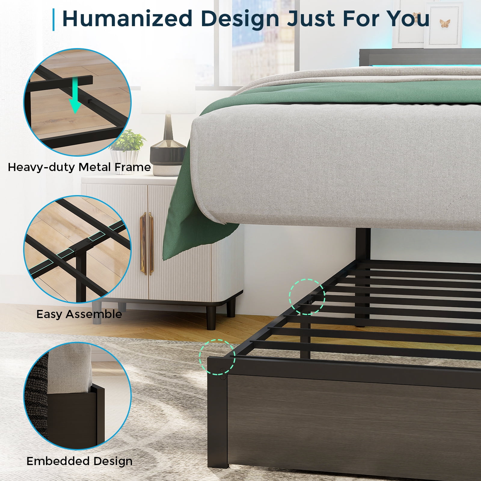 DRNANLIT Queen Bed Frame with 2-Tier Storage Headboard, Metal Bed Frame with 2 Drawers & Built-in Charging Station & LED, Noise-Free, No Box Spring Needed, Easy Assembly,Black Grey