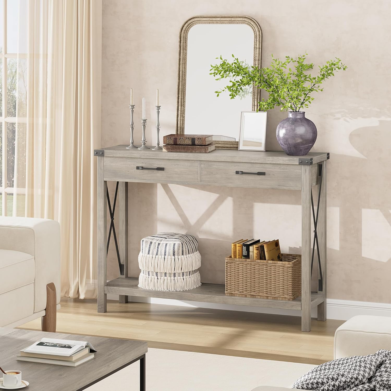 43" Farmhouse Entryway Table, Rustic 2-Tier Wood Console Table with Shelf, Sofa Table for Living Room, Hallway, or Foyer, Grey