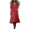 thumbnail image 3 of Xcmzpl Womens Linen Cotton Dresses Solid Short Sleeves Madi Casual Dress Crew Neck Tunic Sundress for Travel Vacation Vestido de Fiesta Red L, 3 of 10