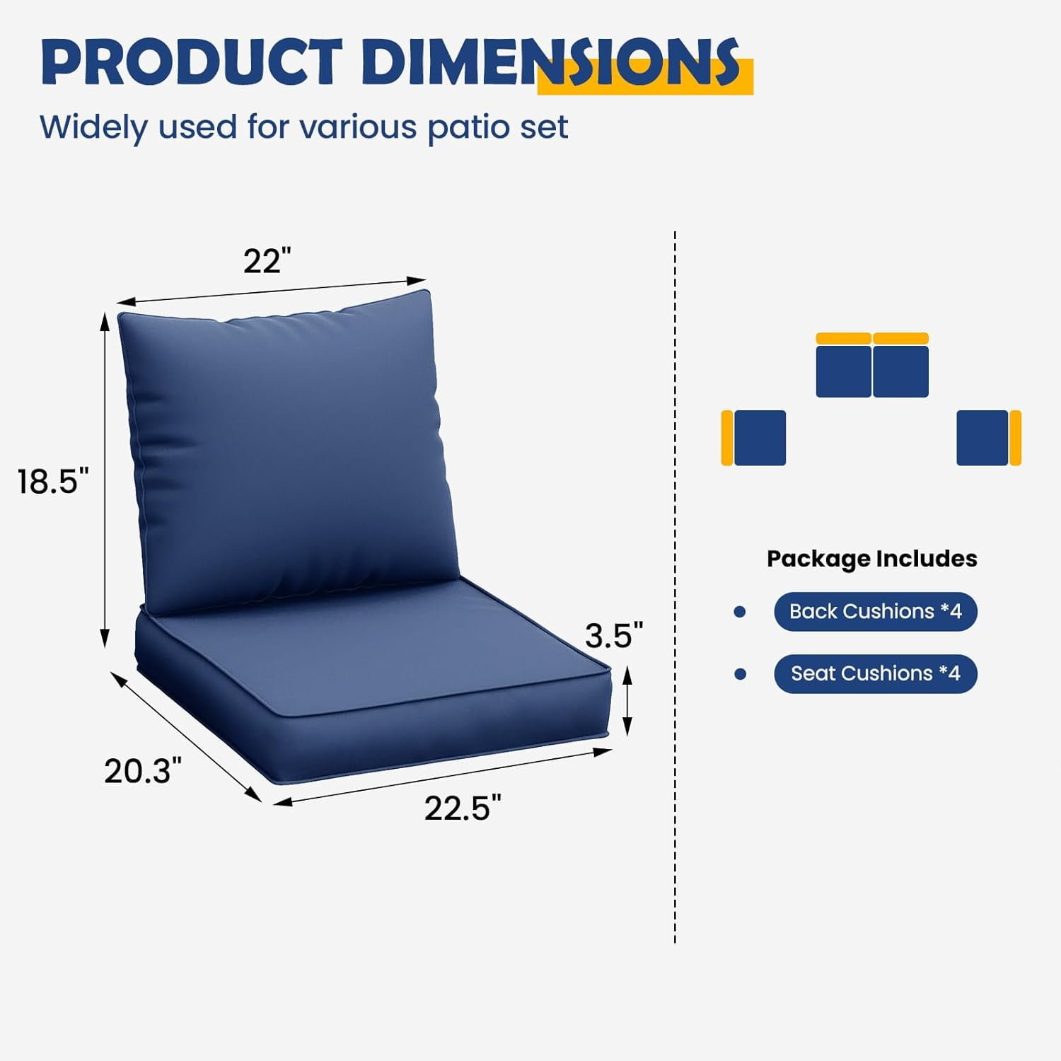 MRUAKA Outdoor Cushions for Patio Furniture, 4'' Replacement Cushions for Outdoor Furniture, Set of 4 Water-Resistant Outdoor Sectional Cushions for Sofa Couch Chair (Navy)