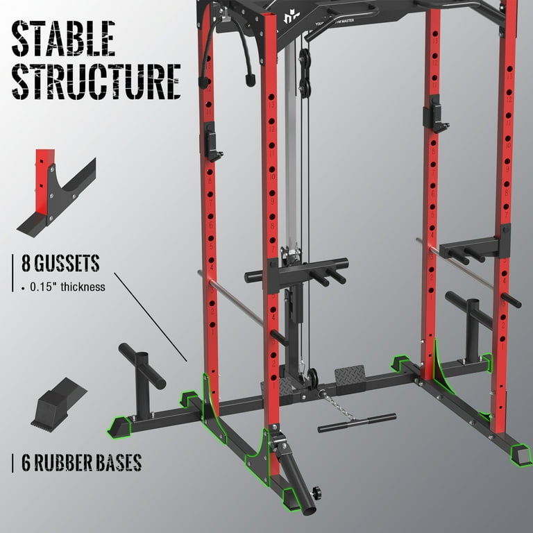 Mikolo Power Rack Cage with LAT Pulldown System 1200LBS Capacity Workout Rack Multi Functional Squat Rack with 13 Level Adjustable Height and