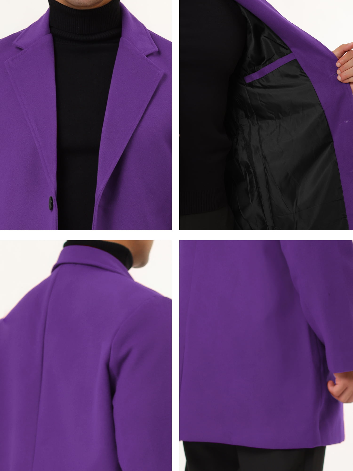 Unique Bargains Men's Slim Fit Notched Lapel Single Breasted Mid Length Overcoat XL Purple