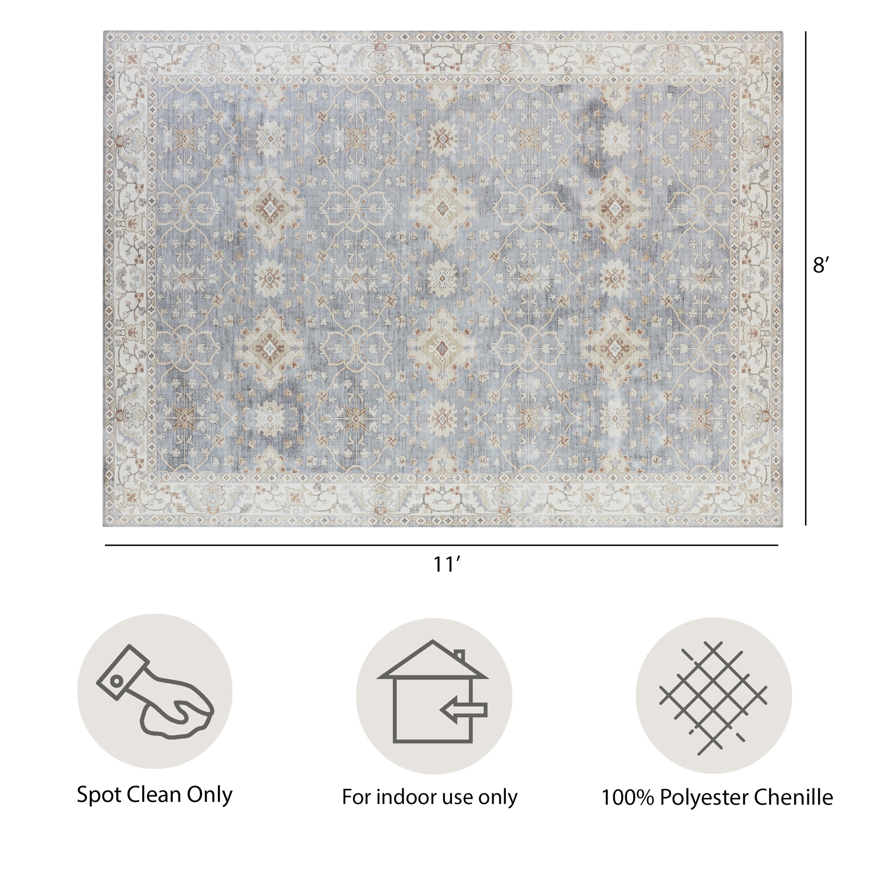 Blue/Taupe Medallion Washable Skid-Resistant Area Rug, 8' x 11'